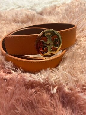 Tory Burch Orange Leather Belt with Gold Logo Buckle
